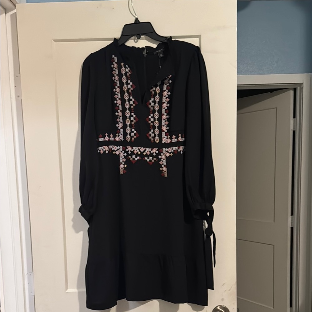 Ann Taylor Black A-line Dress with Bishop Sleeves and Mock Neck